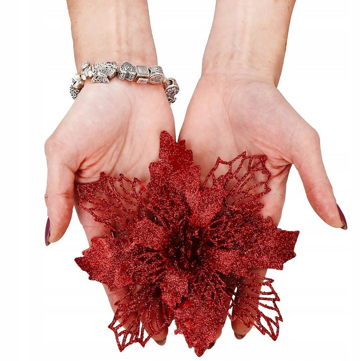 Set 10 ornamente pentru bradul de Craciun, stea Poinsettia, 16cm, visiniu