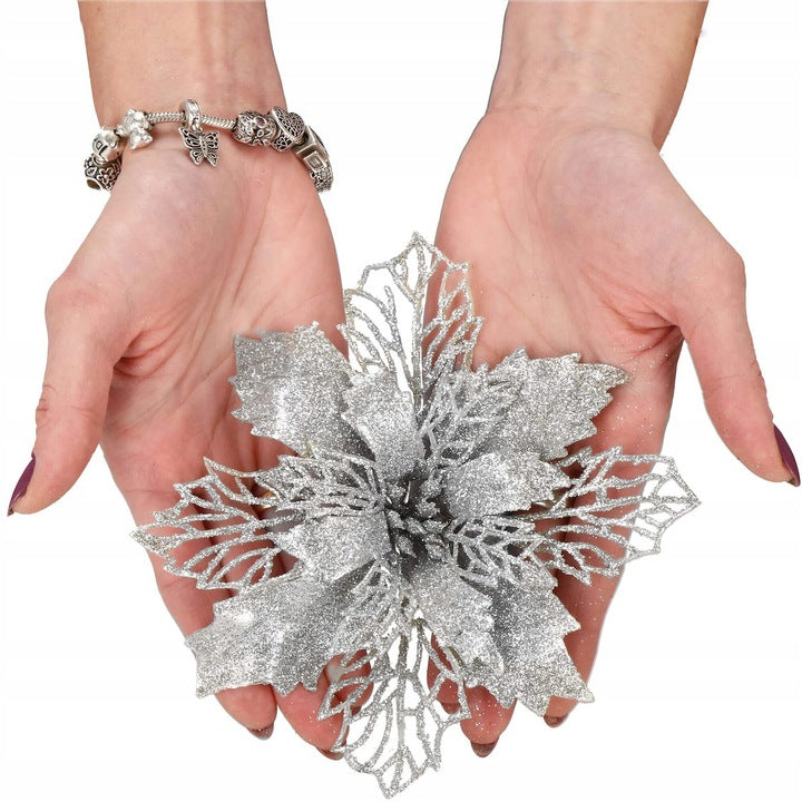 Set 10 ornamente pentru bradul de Craciun, stea Poinsettia, 16cm, argintiu