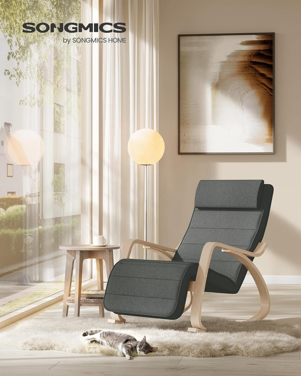 SONGMICS Scaun balansoar din lemn, suport picioare reglabil, maxim 150kg, 67x122x84 cm, gri inchis