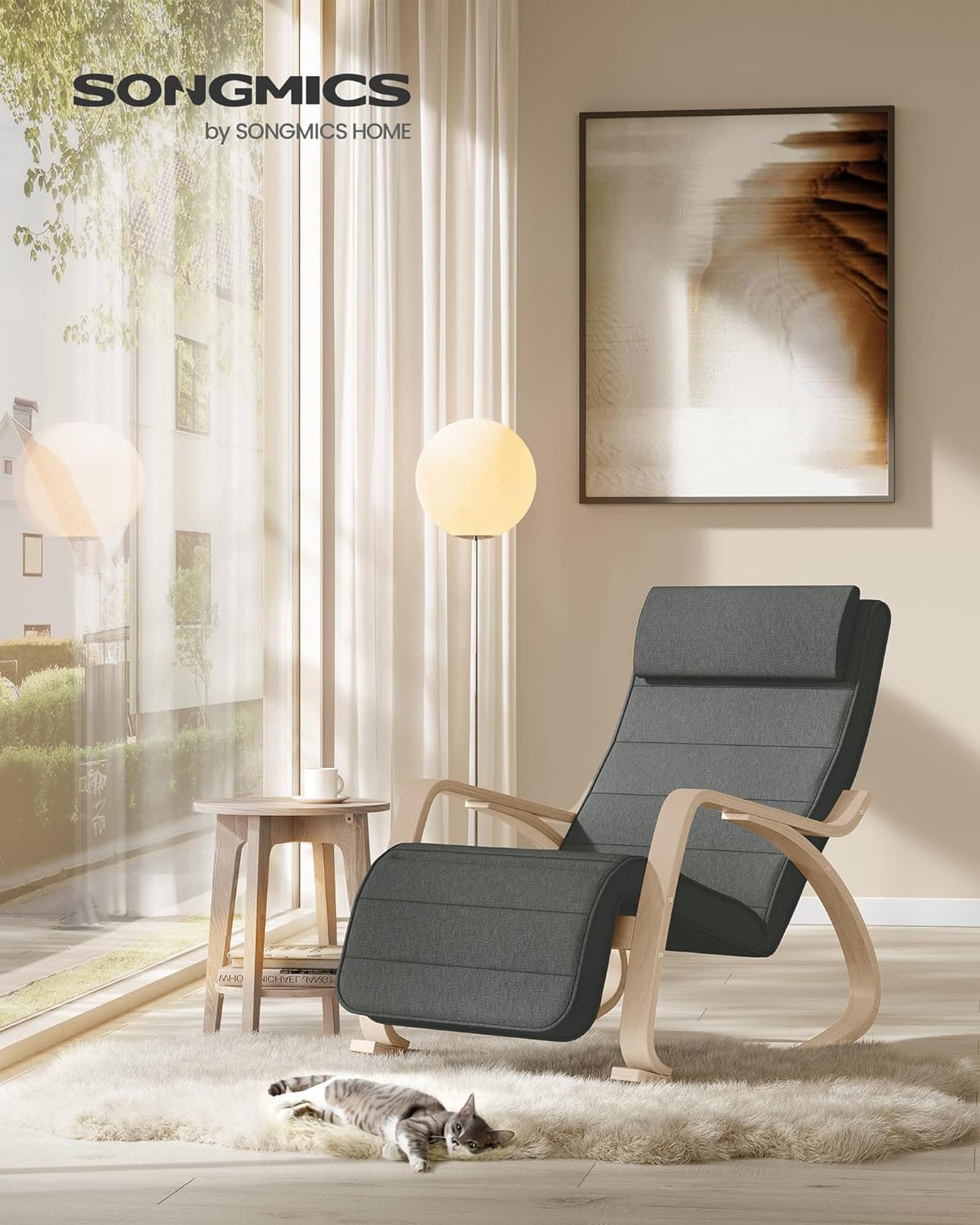 SONGMICS Scaun balansoar din lemn, suport picioare reglabil, maxim 150kg, 67x122x84 cm, gri inchis