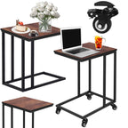 Masuta de cafea, cu cadru de otel si roti, industrial, 35x50x66 cm, maro wenge