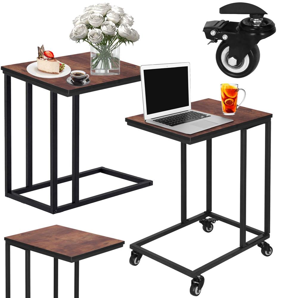 Masuta de cafea, cu cadru de otel si roti, industrial, 35x50x66 cm, maro wenge