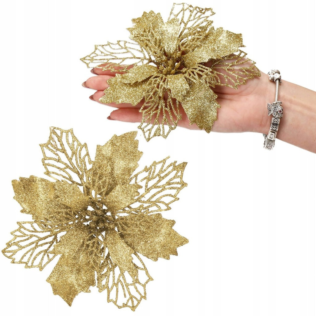 Set 10 ornamente pentru bradul de Craciun, stea Poinsettia, 16cm, galben auriu