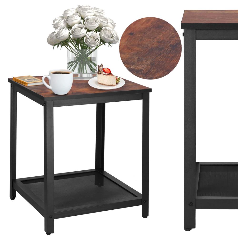 Masa de cafea patrata, noptiera cu cadru otel si polita de depozitare, 45x45x55 cm, maro rustic