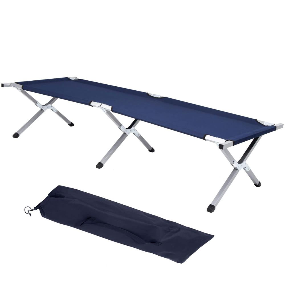 Pat pliant pentru camping, structura metalica, 190x74x42cm, 150kg, albastru marin
