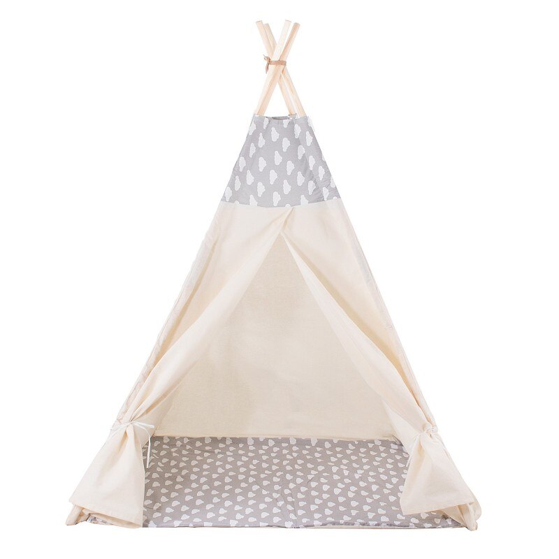 Cort copii  stil indian Teepee Tent cu fereastra, covoras gros si 2 perne, alb gri cu norisori