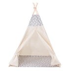 Cort copii  stil indian Teepee Tent cu fereastra, covoras gros si 2 perne, alb gri cu norisori