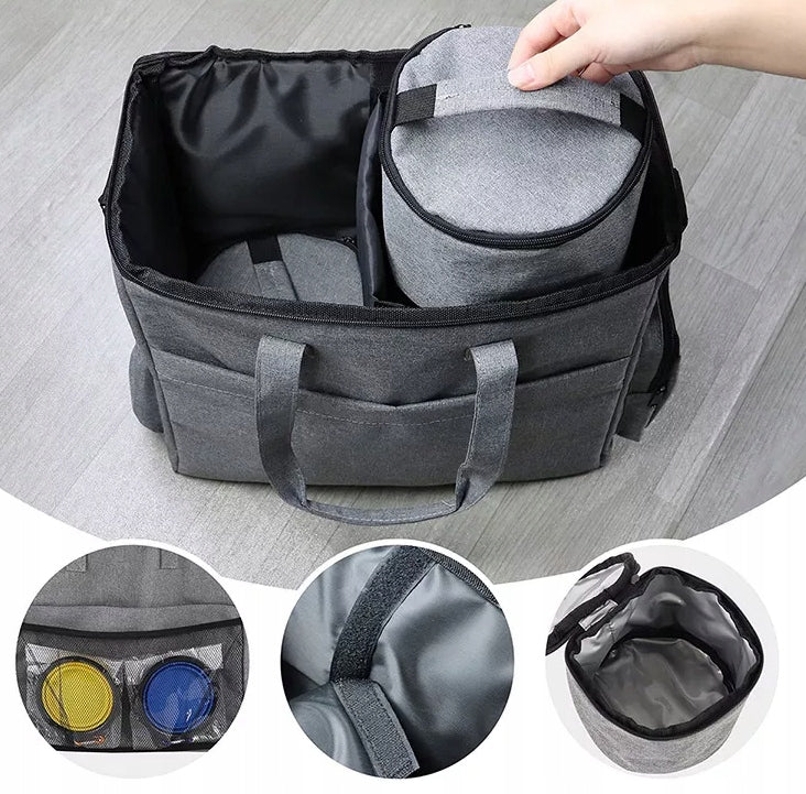 Geanta de drumetie pentru animale de companie, cu spatii de depozitare si accesorii