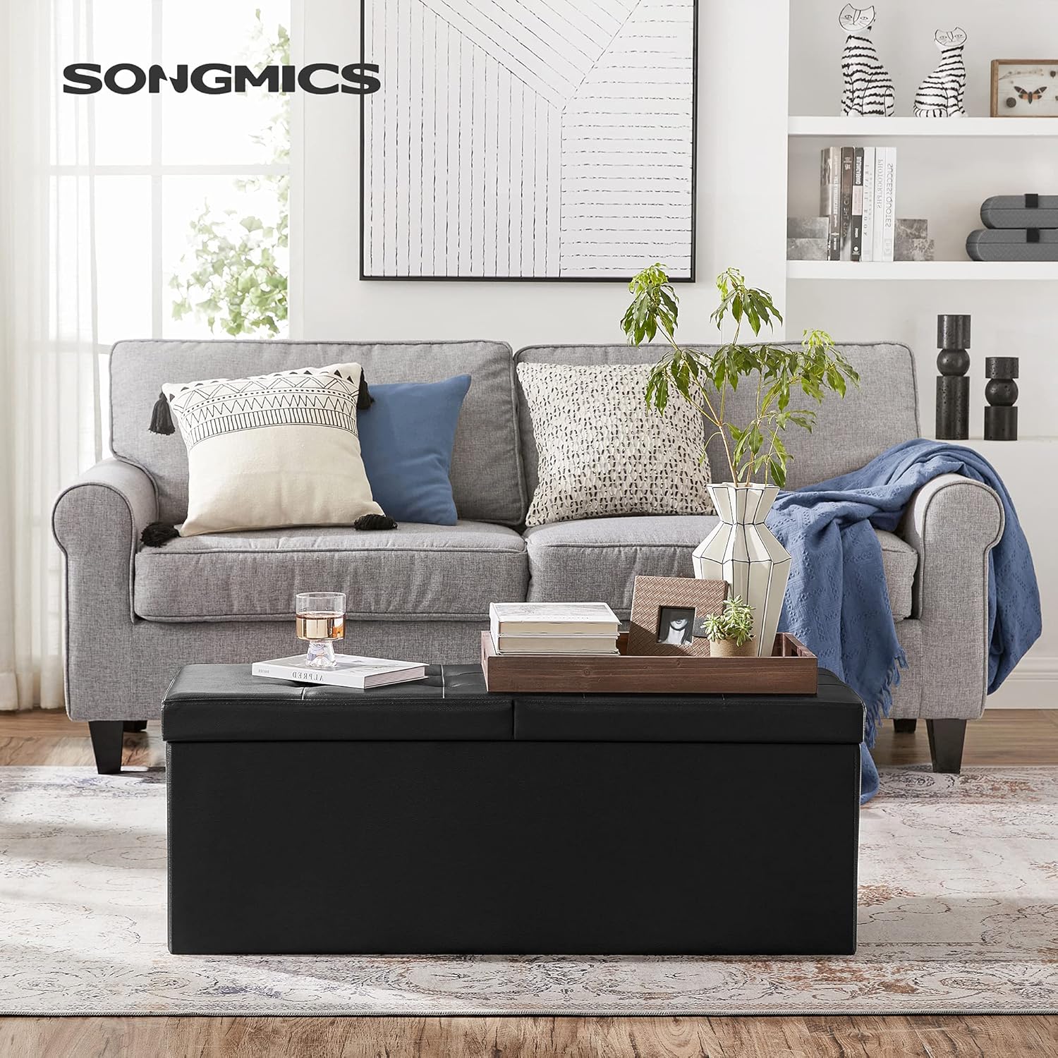SONGMICS Taburet pliabil cu sezut moale, spatiu de depozitare 120litri, maxim 300kg, 110x38x38cm, negru
