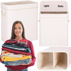 Cos de rufe din bambus cu capac, 2 compartimente, sac detasabil, volum 100L, 54x35x60cm, alb