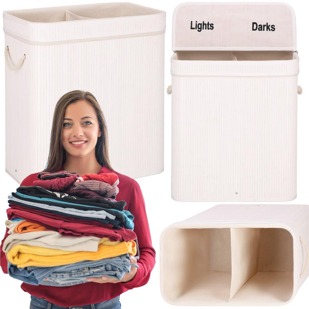 Cos de rufe din bambus cu capac, 2 compartimente, sac detasabil, volum 100L, 54x35x60cm, alb