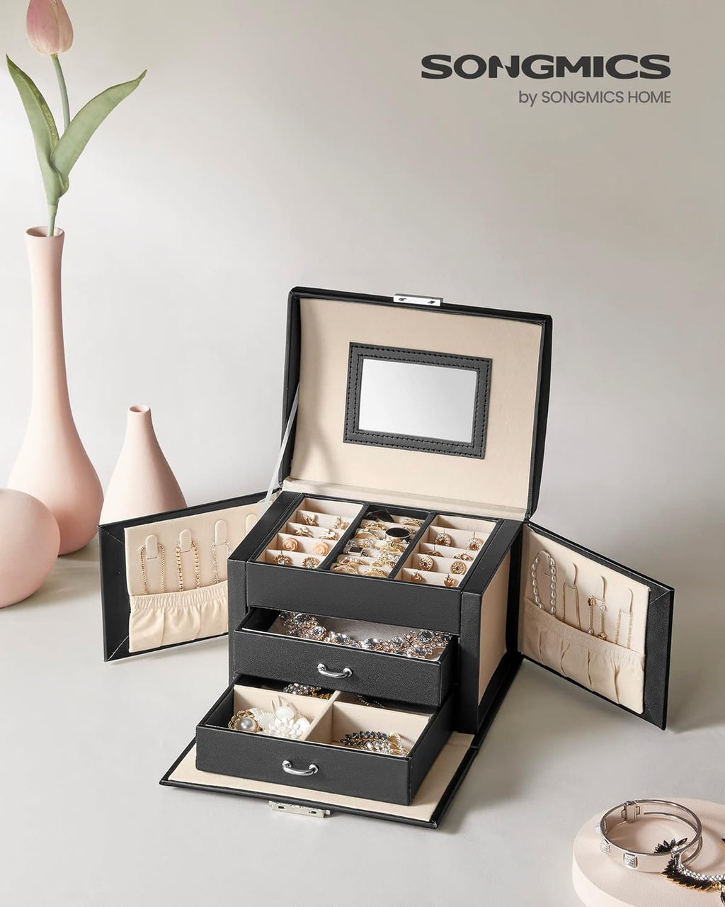 SONGMICS Cutie de bijuterii cu 3 nivele, 2 sertare, oglinda si incuietoare, 14x18x14cm, negru
