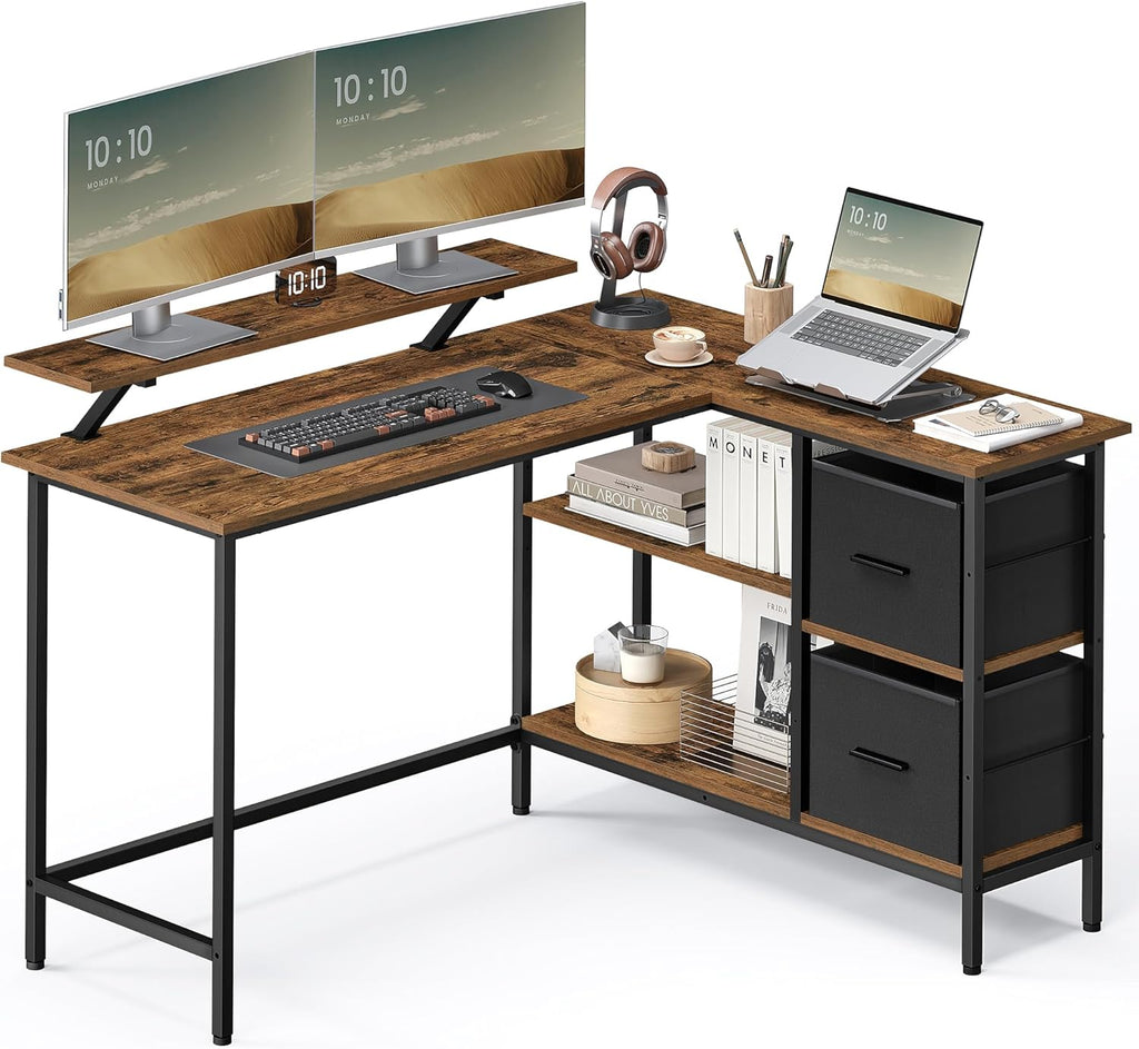 VASAGLE Birou in forma de L, suport monitor, 2 rafturi si 2 sertare, 105x135x76 cm, maro rustic