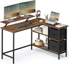 VASAGLE Birou in forma de L, suport monitor, 2 rafturi si 2 sertare, 105x135x76 cm, maro rustic