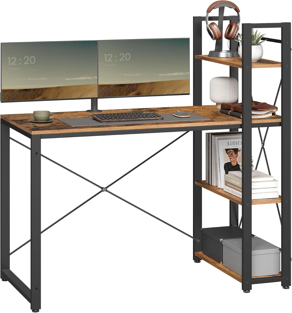 VASAGLE Birou cu raft lateral, montare stanga sau dreapta, industrial, 56x120x120 cm, maro