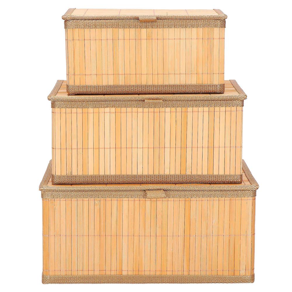 Set 3 cutii organizatoare din bambus, cu capac, diverse dimensiuni, maro