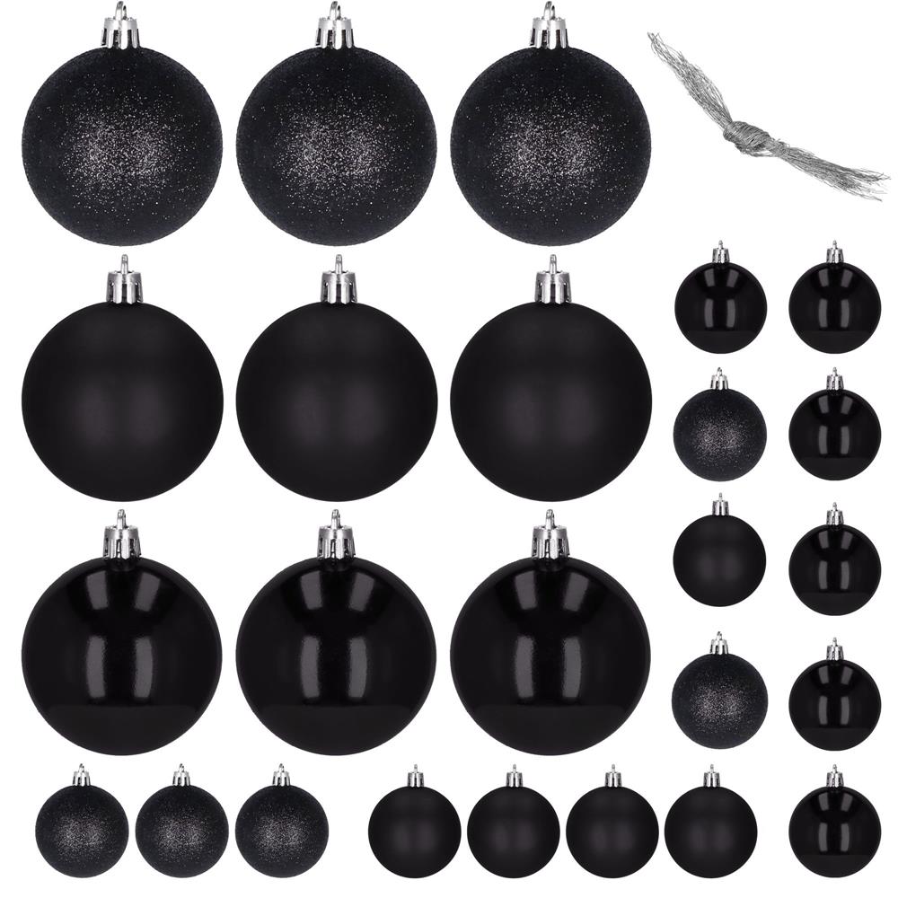 Set globuri de Craciun, 25 bucati, 3 modele, 2,5cm si 4cm, negru