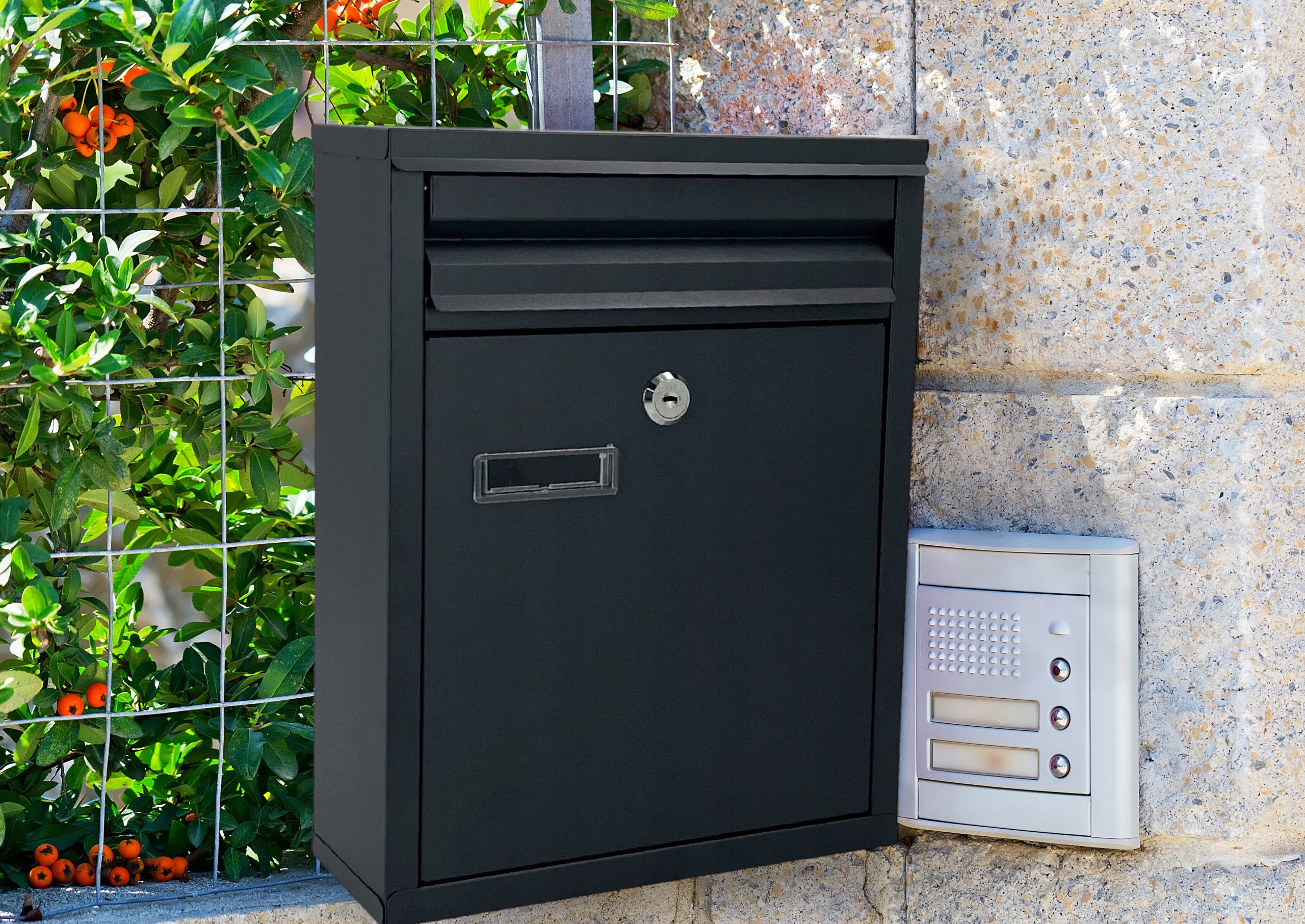 Cutie postala de exterior, pentru gard sau perete, din otel zincat, cu incuietoare, 32x8x25cm, gri inchis