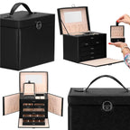 Cutie depozitare si organizare bijuterii, piele ecologica + velur, 26 x 21,5 x 19 cm, negru