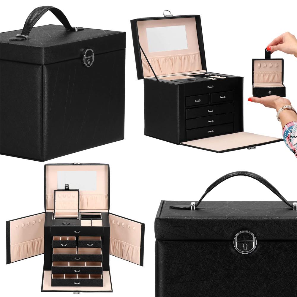 Cutie depozitare si organizare bijuterii, piele ecologica + velur, 26 x 21,5 x 19 cm, negru