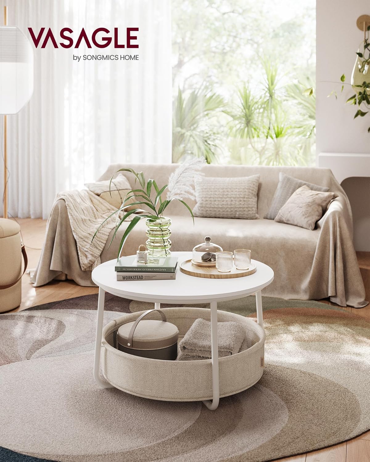VASAGLE Masuta de cafea rotunda cu cos de stofa, stil modern, 45x75cm, alb cu bej