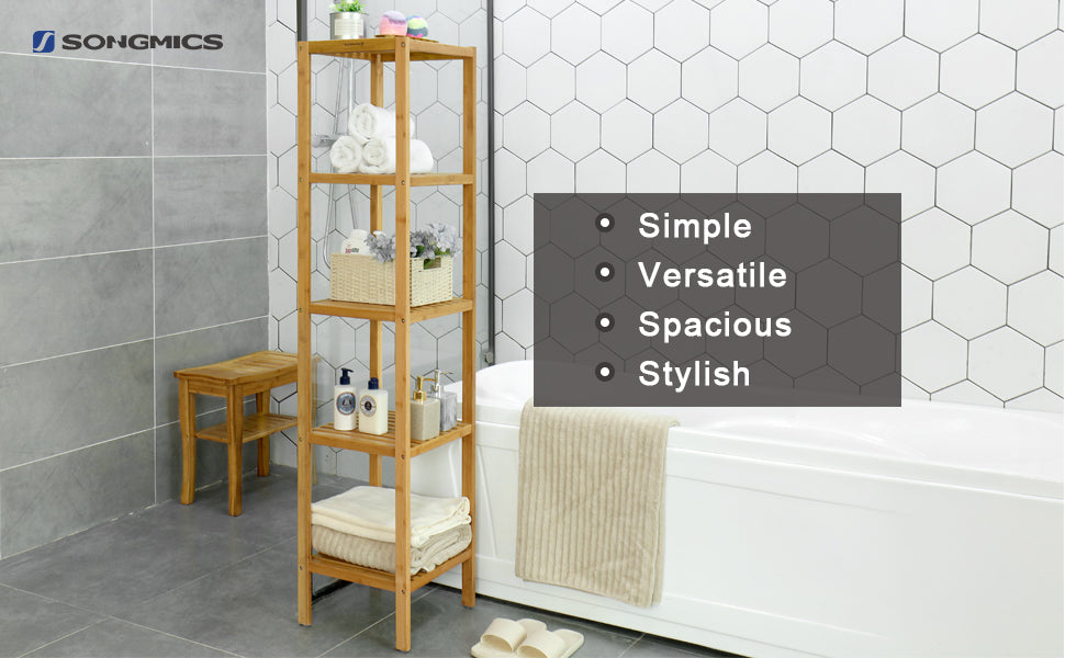 SONGMICS Raft de depozitare din bambus, 5 polite, pentru bucatarie sau baie, 146x33x33cm, maro natural