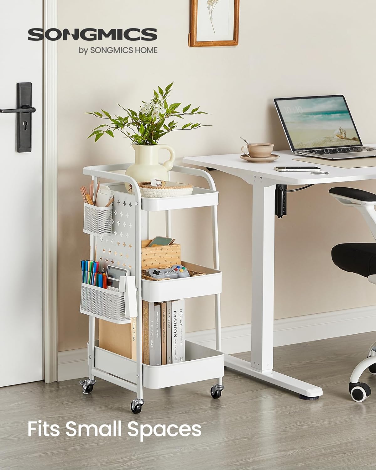 SONGMICS Raft de depozitare mobil tip carucior rulant, pentru baie sau bucatarie, cadru otel, 32x43x74 cm, alb