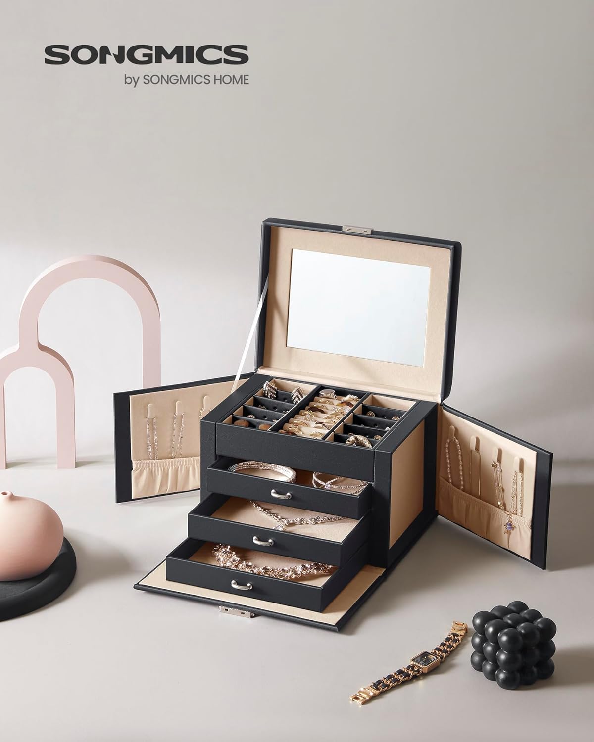 SONGMICS Cutie de bijuterii cu 4 nivele, 3 sertare, oglinda si incuietoare, 18x23x17cm, negru
