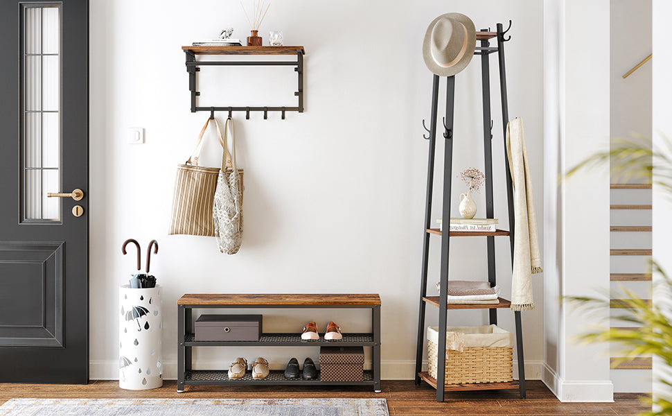 VASAGLE Raft pentru pantofi cu 2 polite, 100x30x45cm, otel, stil industrial, maro rustic si negru