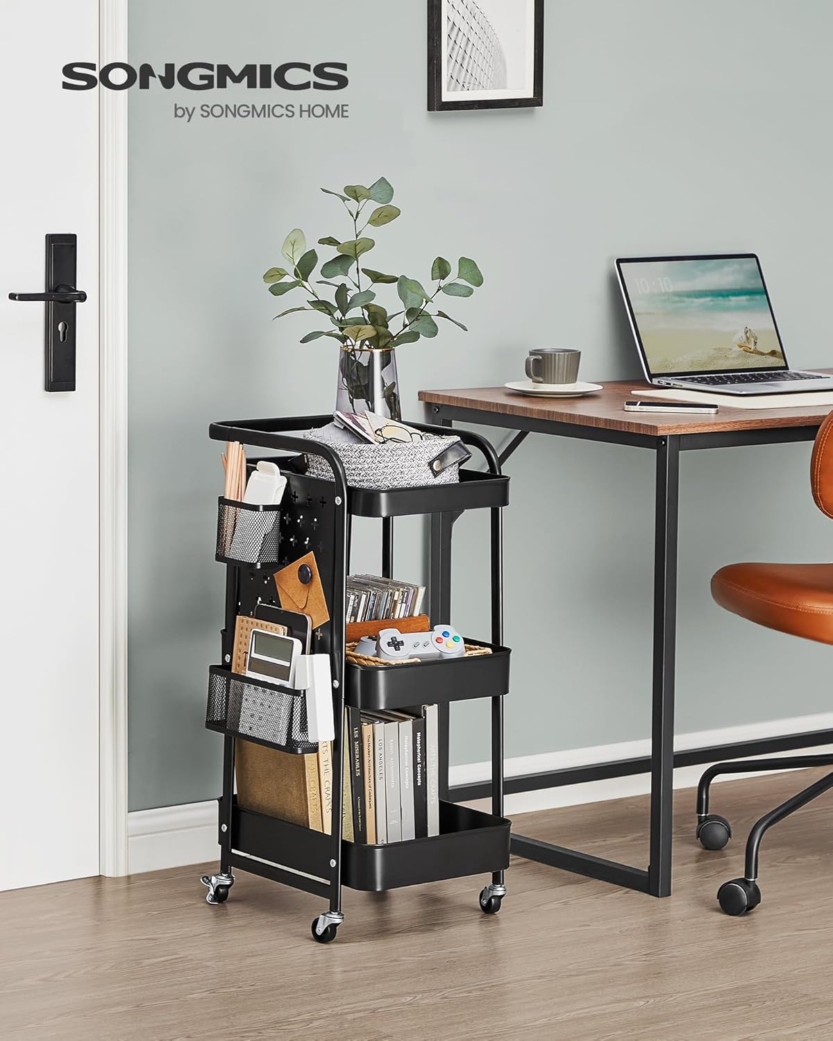 SONGMICS Raft de depozitare mobil tip carucior rulant, pentru baie sau bucatarie, cadru otel, 32x43x74 cm, negru