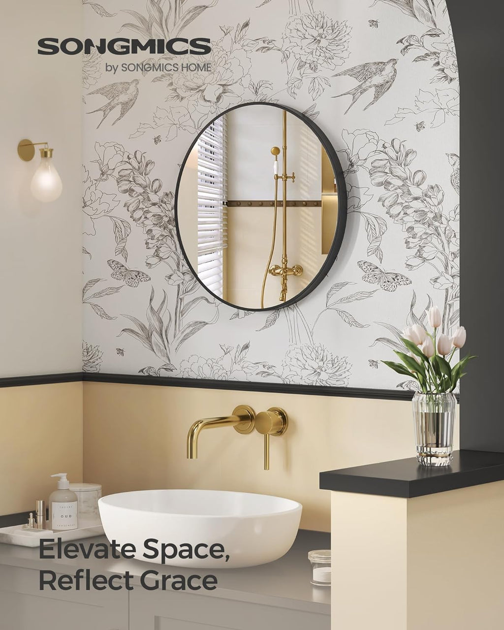 Oglinda de perete SONGMICS, oglinda rotunda, oglinda de baie, diametru 61 cm, cadru metalic, pentru sufragerie, dormitor, baie, hol, negru