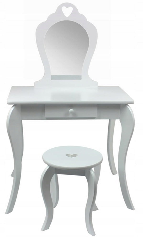 Set Masa de toaleta pentru copii Elza, alba, cu oglinda si taburet, 71x50x108 cm