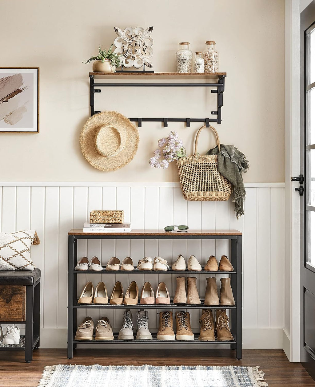 VASAGLE Raft pentru pantofi cu 3 polite, 100x30x72cm, otel, stil industrial, maro rustic si negru