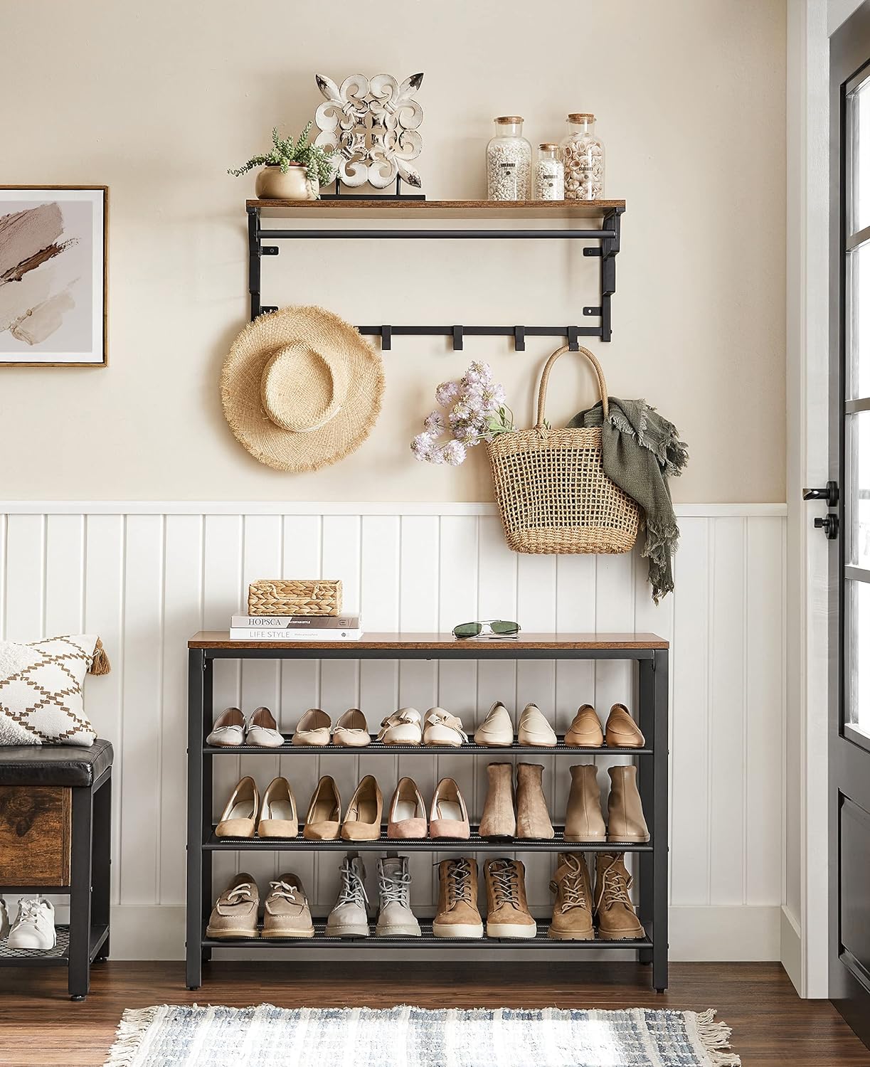 VASAGLE Raft pentru pantofi cu 3 polite, 100x30x72cm, otel, stil industrial, maro rustic si negru