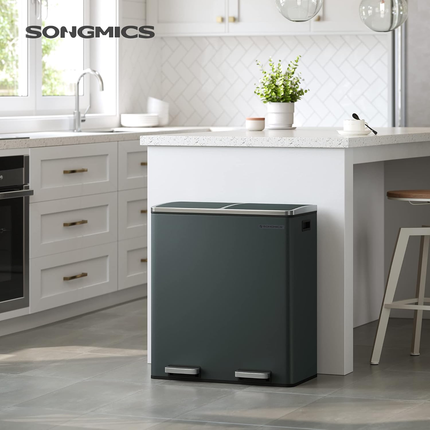 SONGMICS Cos de gunoi din inox cu 2 compartimente colectare selectiva, cu galeti interioare, 2x30litri, gri inchis