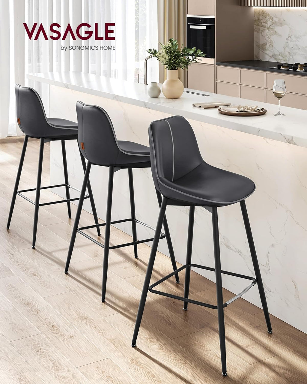 VASAGLE Set 2 scaune de bar, spatar ergonomic din piele ecologica, cadru metalic, 50x50x99 cm, negru