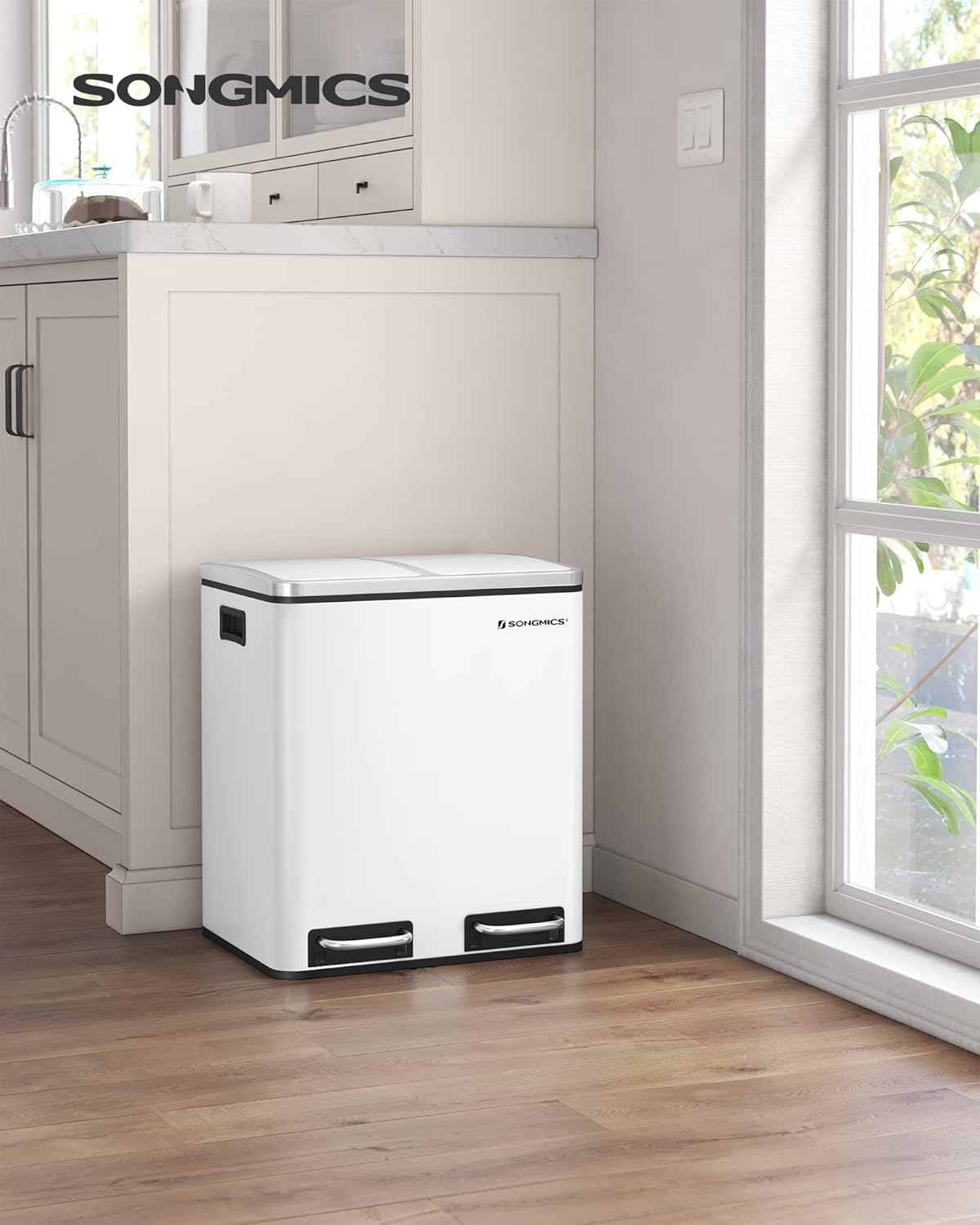 SONGMICS Cos de gunoi din inox cu 2 compartimente colectare selectiva, cu galeti interioare, 2x15litri, alb