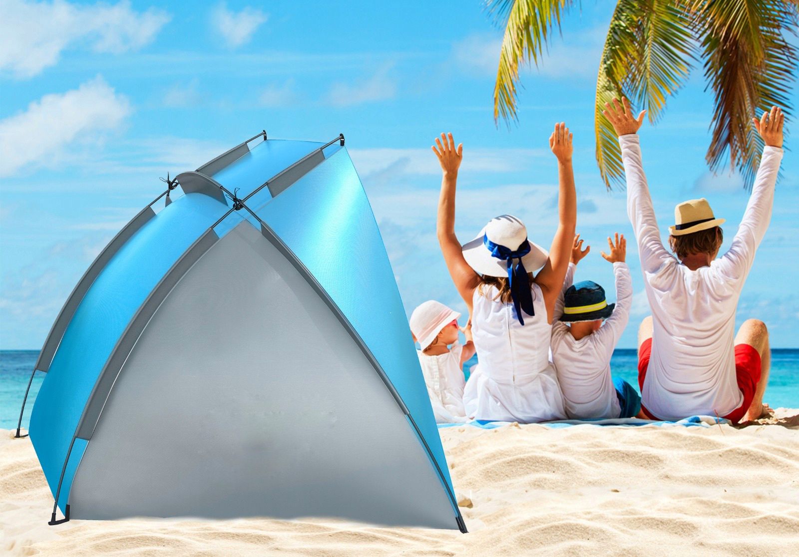 Cort plaja si picnic deschis , protectie UV, 220x115x120cm, albastru gri