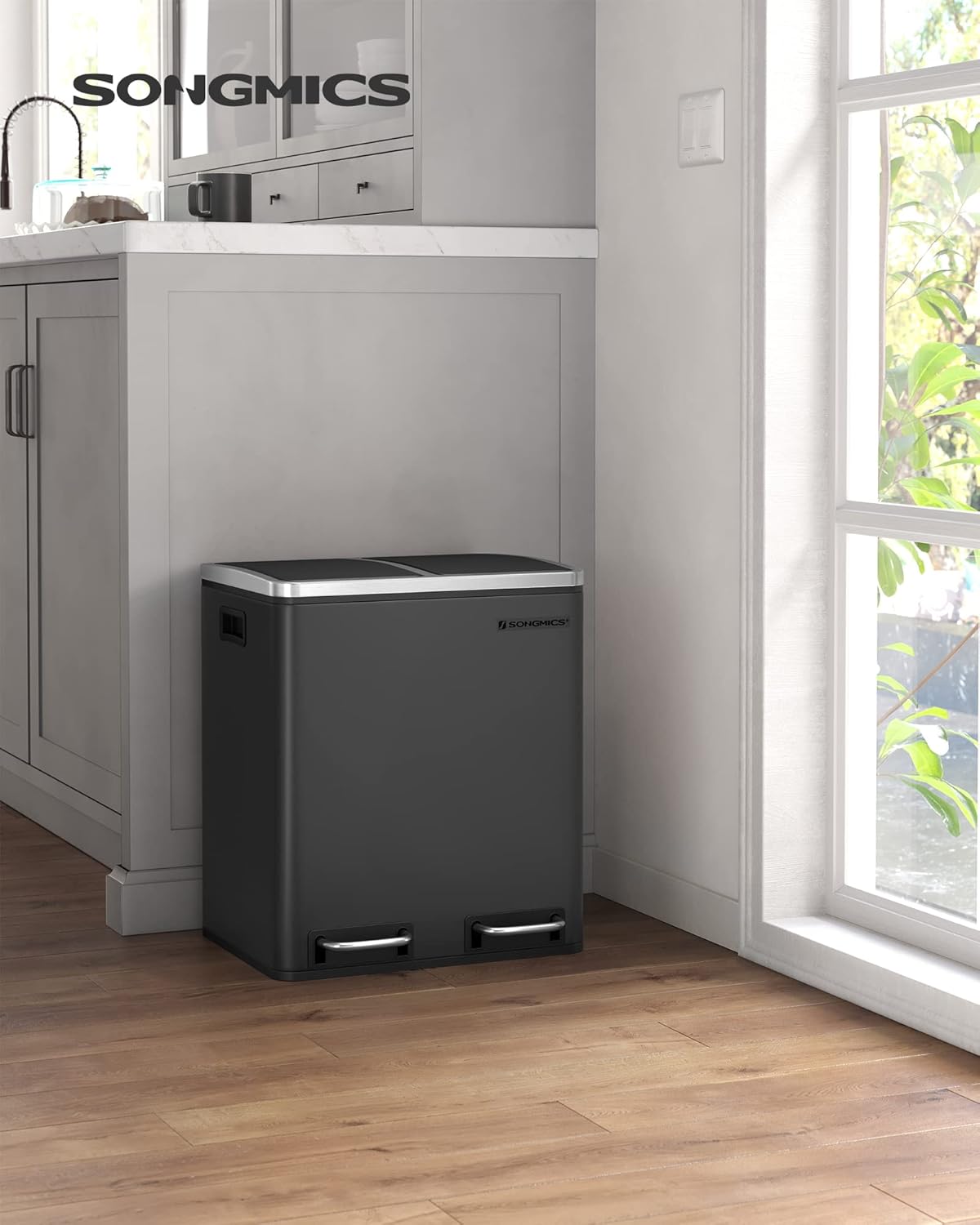 SONGMICS Cos de gunoi din inox cu 2 compartimente colectare selectiva, cu galeti interioare, 2x15litri, negru