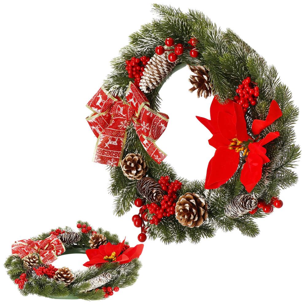 Coronita pentru Craciun, 40 cm, din brad artificial 3D, cu conuri si zapada, verde