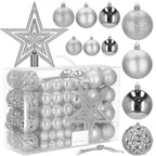 Set globuri si decoratiuni de Craciun, 100 piese, diverse dimensiuni cu stea, argintiu