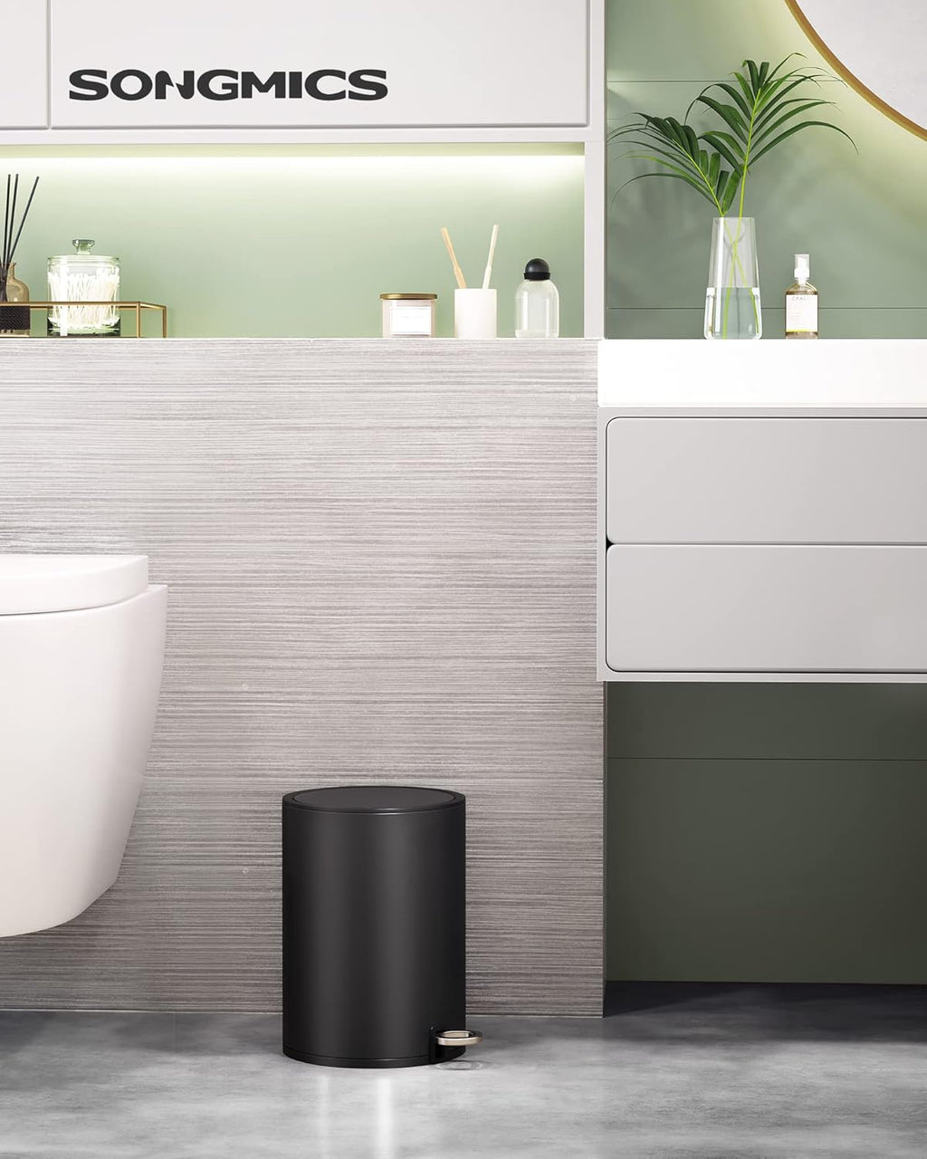 SONGMICS Cos de gunoi pentru baie, cu pedala si soft-close, 3 litri, negru