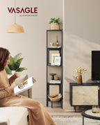 VASAGLE Raft de colt boho, cadru metalic, polite MDF si panouri poliratan, 32x32x156cm, negru