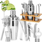 Set Cocktail Shaker Kit pentru barmani 550ml, KI22, suport bambus, 9 piese