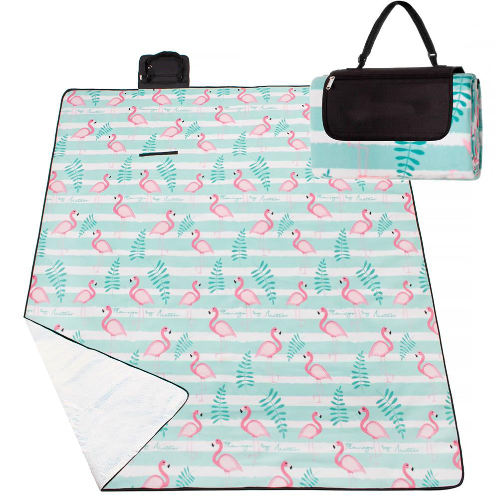 Patura pentru picnic sau plaja, cu folie izolatoare si maner, 200x200cm, flamingo, verde roz