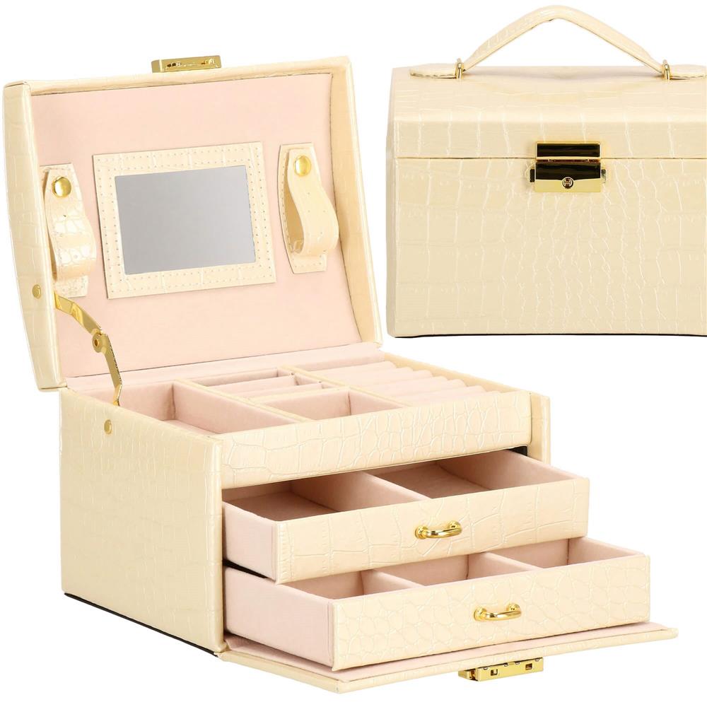 (DL) Cutie depozitare si organizare bijuterii, MDF, piele ecologica si velur, 17,5 x 14 x 12,5cm, crem
