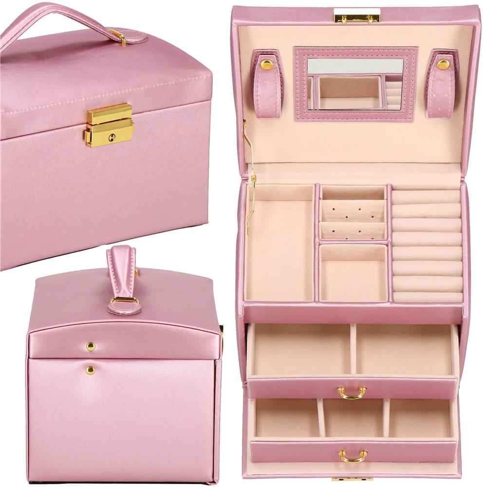 (DL) Cutie depozitare si organizare bijuterii, MDF, piele ecologica si velur, 17,5 x 14 x 12,5cm, roz