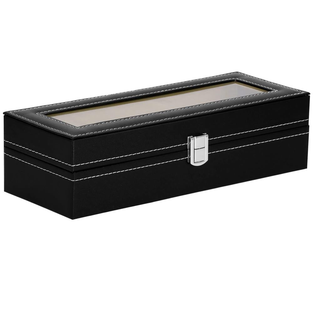 Cutie depozitare si organizare ceasuri, MDF, piele ecologica, 30x11x8cm, negru