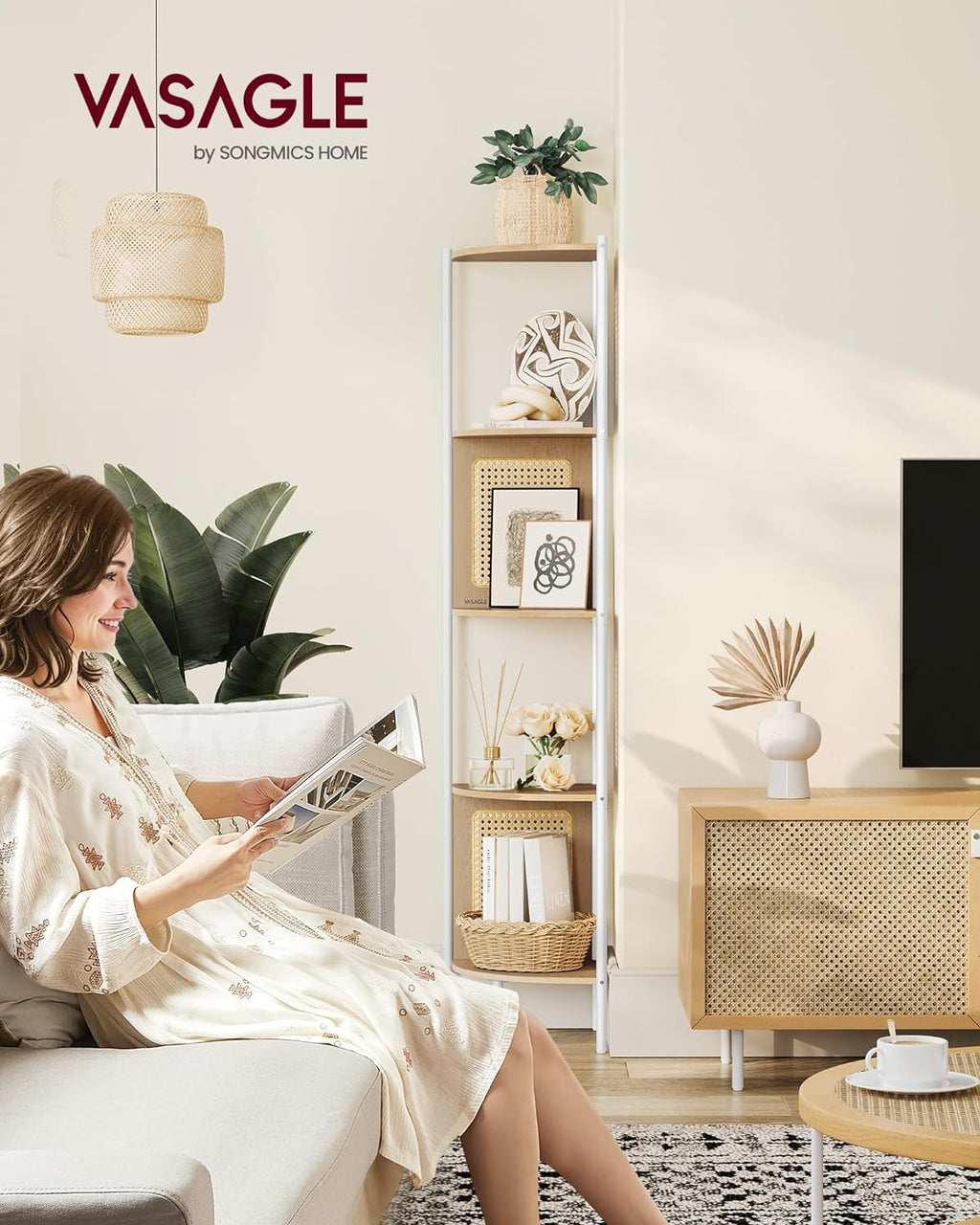 VASAGLE Raft de colt boho, cadru metalic, polite MDF si panouri poliratan, 32x32x156cm, bej