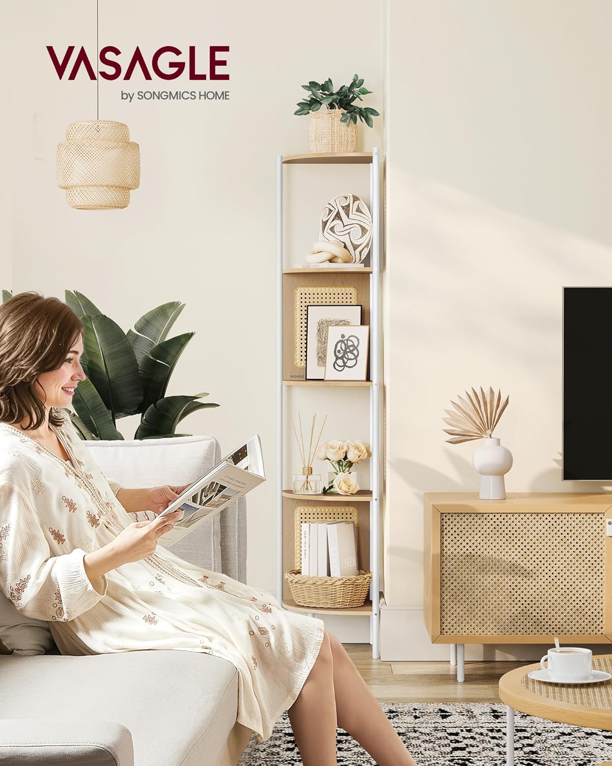 VASAGLE Raft de colt boho, cadru metalic, polite MDF si panouri poliratan, 32x32x156cm, bej